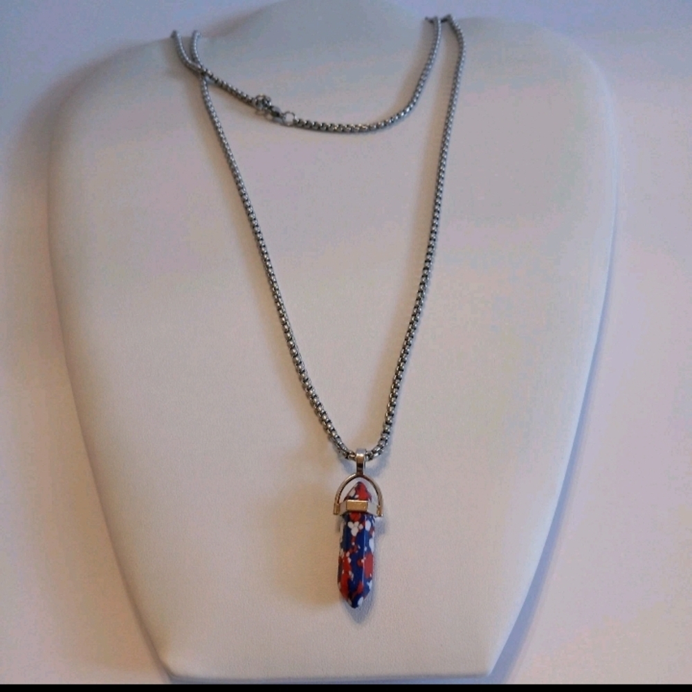 Natural Stone Hexagon Unisex Chakra Silvertone 31" Chain 1.5" Pendant Claw Clasp